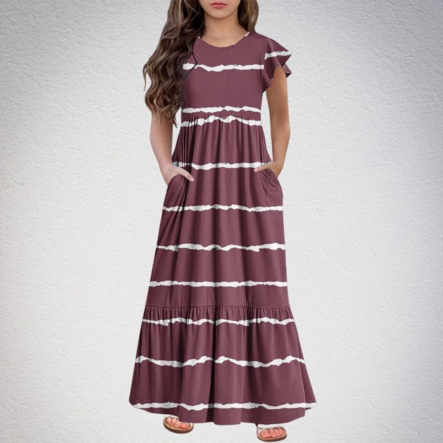 LOVZFMLL Robe Fleurie Brodée à Manches Volantes Couleur Unie pour Filles Robe d'Été à Bretelles en Maille