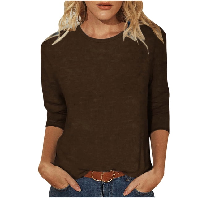 Besolor Women's 3/4 Sleeve T-Shirts Casual Solid Color Crewneck Basic Blouse Plus Size Summer Spring Tunic Tops 2025