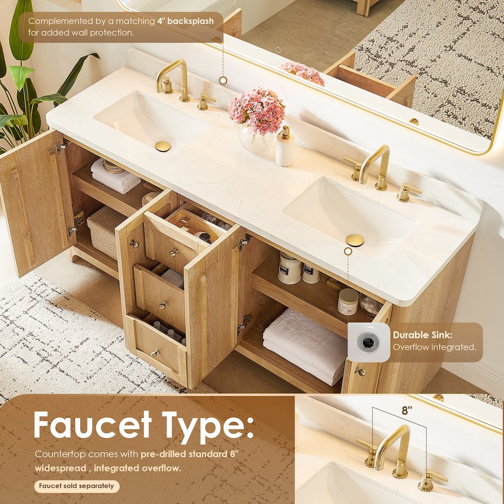 Altair-18 72"Double Bathroom Vanity in Brushed Oak,Grain White Engineered Stone Countertop