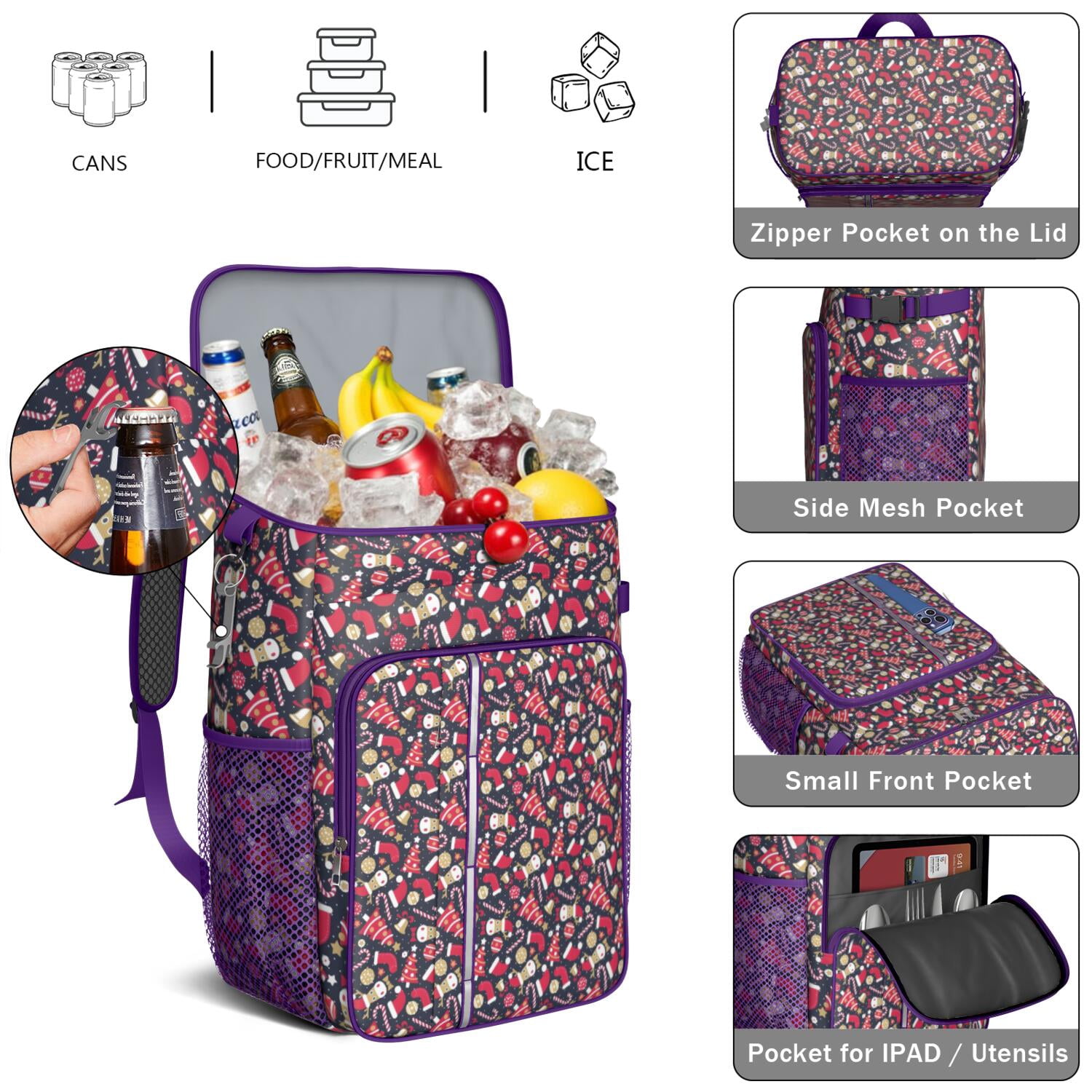 Travel Cooler Bag - Dark Blue Christmas Pattern Camping Beer Cooler Backpack with Bottle Opener- Waterproof Insulated Picnic Backpacks - Cooler Bag for Beach