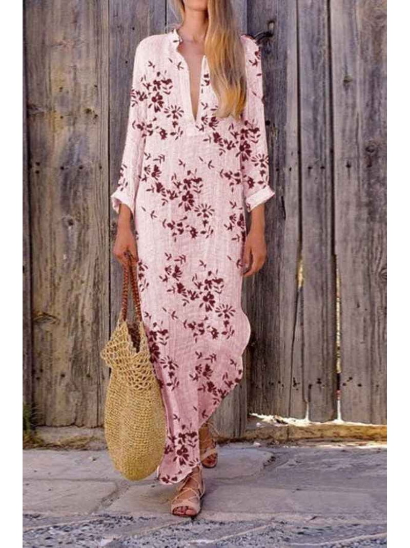 light pink bohemian dress Peony Floral Wrap Maxi Dress: Light Pink Cotton-Viscose Boho Wedding Guest Dress