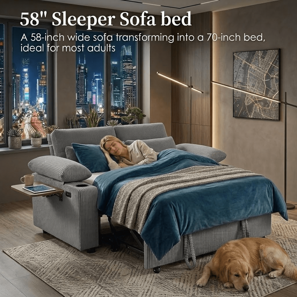 58" Sleeper Sofa Bed, Convertible Pull Out Couch Bed Corduroy Loveseat with Adjustable Backrest, USB Charging Ports, Cup Holders & Foldable Side Table for Living Room Apartment,Dark Grey
