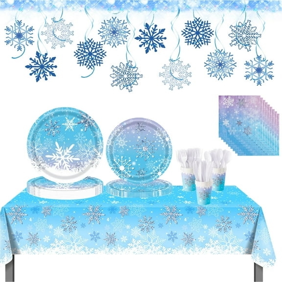 175 Pcs Winter Snowflake Tableware Set for 24 Guests,Disposable Snowflake Plates Tableware Set Decor for Wonderland Party,Christmas Winter Holiday New Year Birthday Party