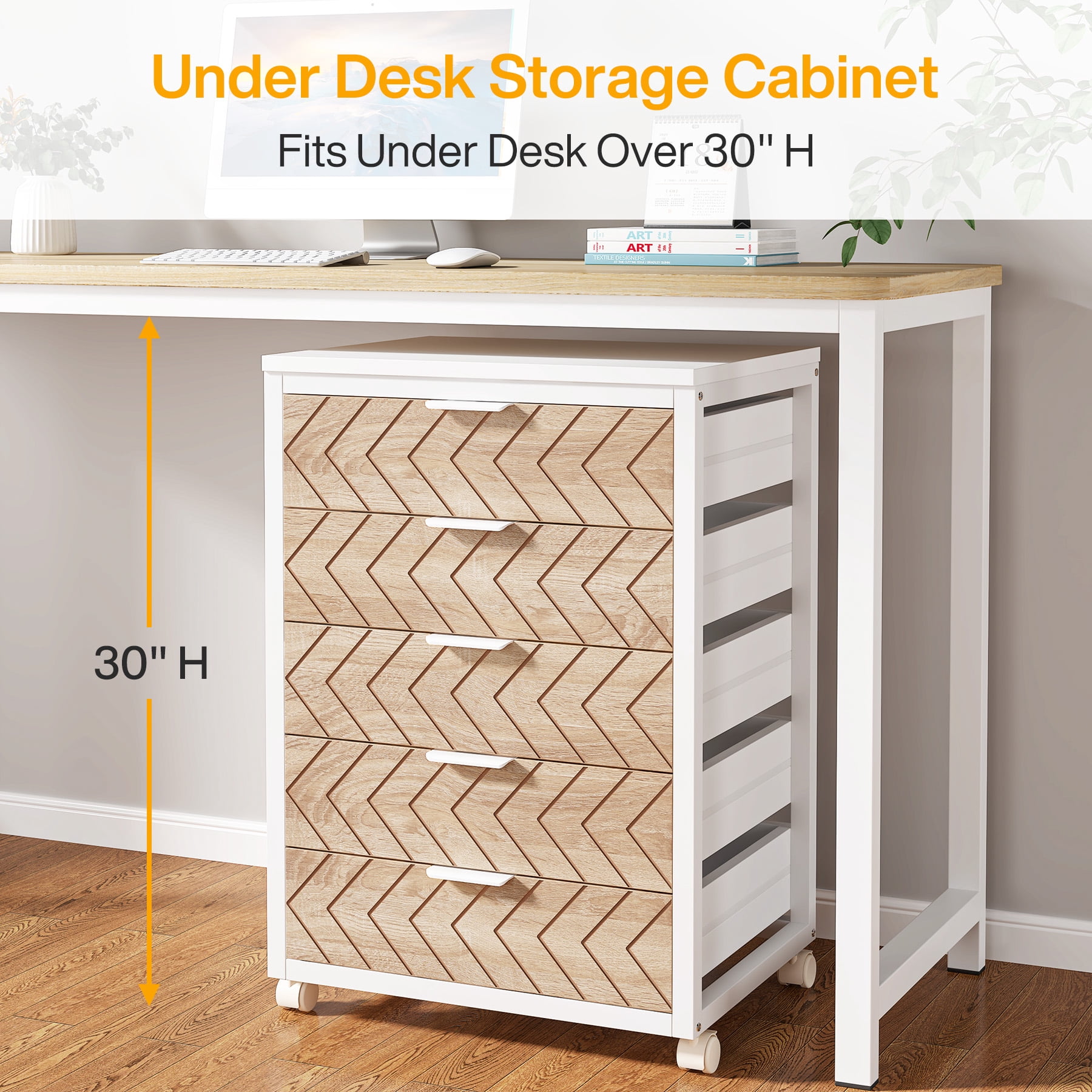 Tribesigns Modern 5-Drawer Dresser for Bedroom, Small Portable Chest of Drawers with Wheels and Metal Frame for Living Room, Beige & White