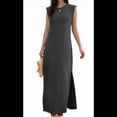 thumbnail image 2 of Vestido Maxi de Verano para Mujer, Informal, Holgado, con Abertura, Sin Arrugas, con Cuello Redondo y Bolsillos, Gris Oscuro, Talla XXL, 2 of 9