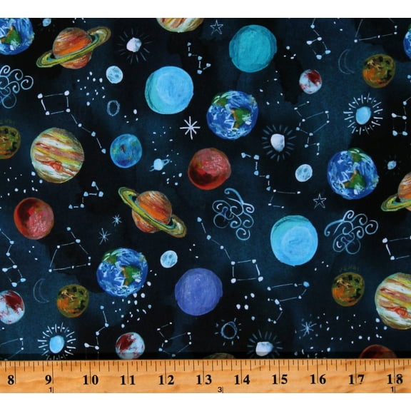 Cotton Planets Outer Space Solar System Moons Stars Constellations Astronomy Blue Cotton Fabric Print by the Yard (STELLA-DJL2047-MULTI)