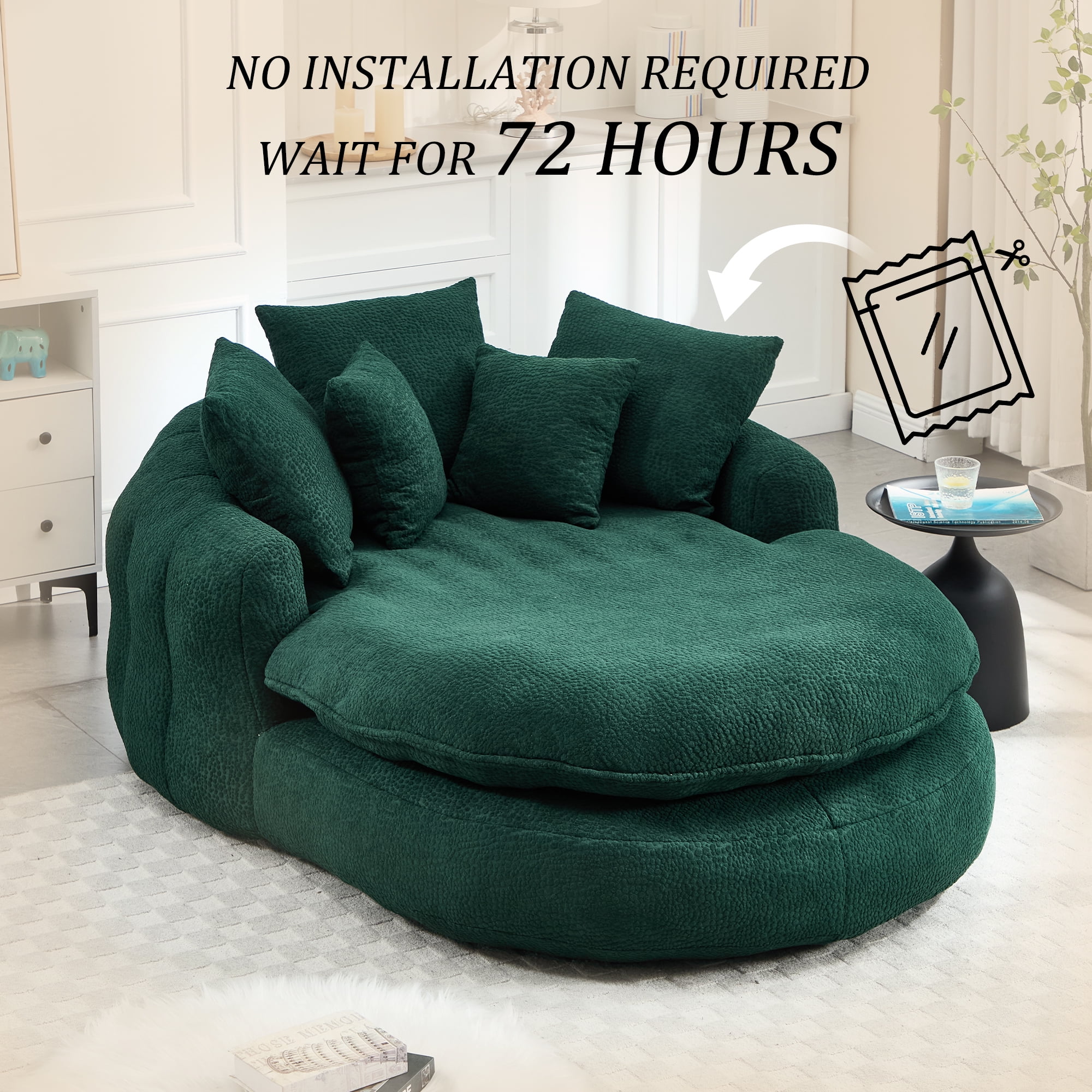 MOONMISS Chenille Upholstered Oversized Wrap Around Deep Seat Bean Bag Lazy Sofa with 5 Pillows-Emerald