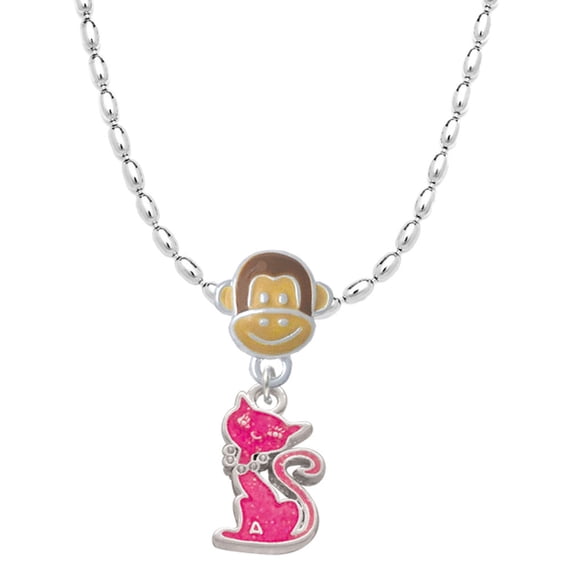 Delight Jewelry Silvertone Hot Pink Glitter Cat Mia Monkey Charm Necklace
