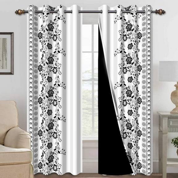 Mizhona Black Blackout Curtains for Bedroom,Geometric Floral Pattern Printed Room Darkening Curtains Set of 2,42"x84"