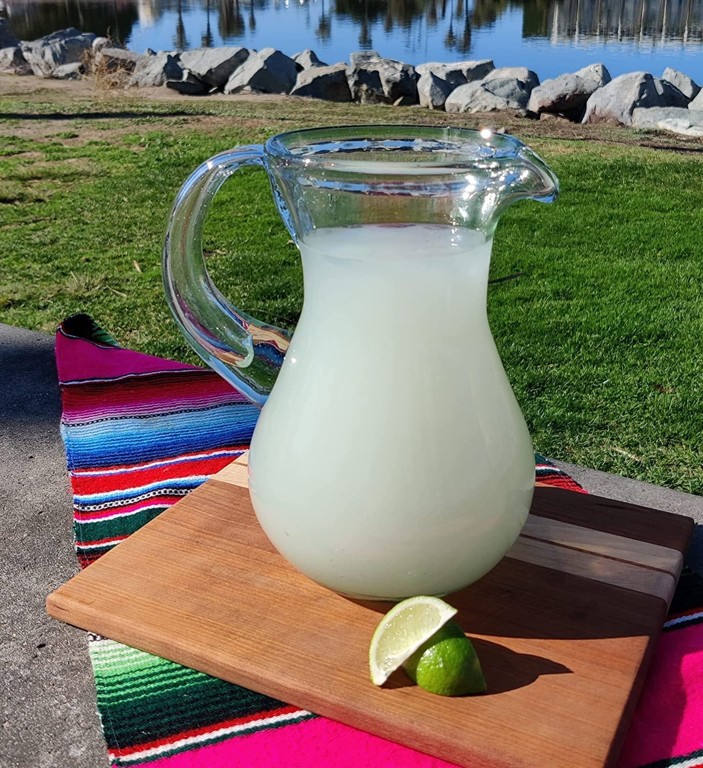 Mexican Hand Blown Glass Pitcher  Natural Clear Design 84 oz