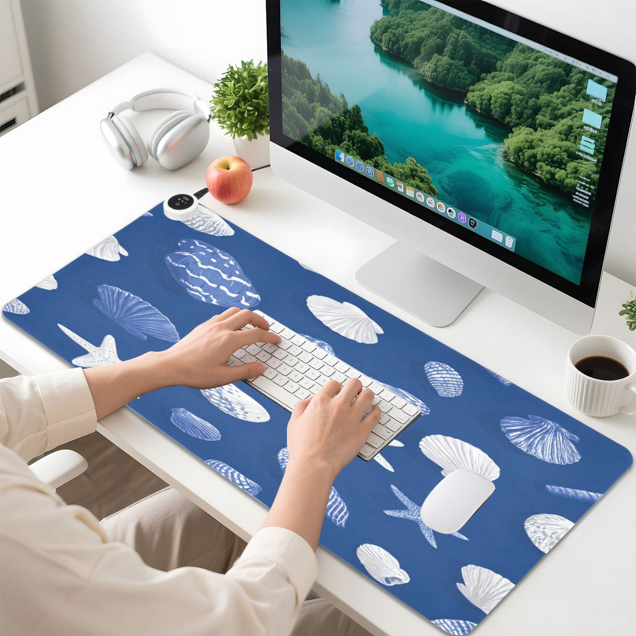 Large Heated Desk Mat Mouse Pad 31.5"x13"PU Leather Graphene Heating Desk Warmer with 3 Temperature Settings 110V US Plug Non-Slip Warm Pad for Home, Office, and Gaming Fresh Coastal Seashell Pattern