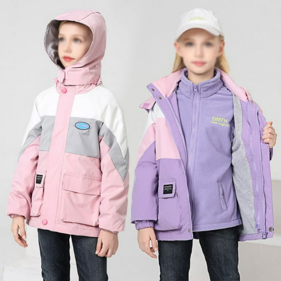 Besly Kids Girls Rain Jacket Girls Outdoor Floral Fleece Lined Light Windproof Jacket with Hood