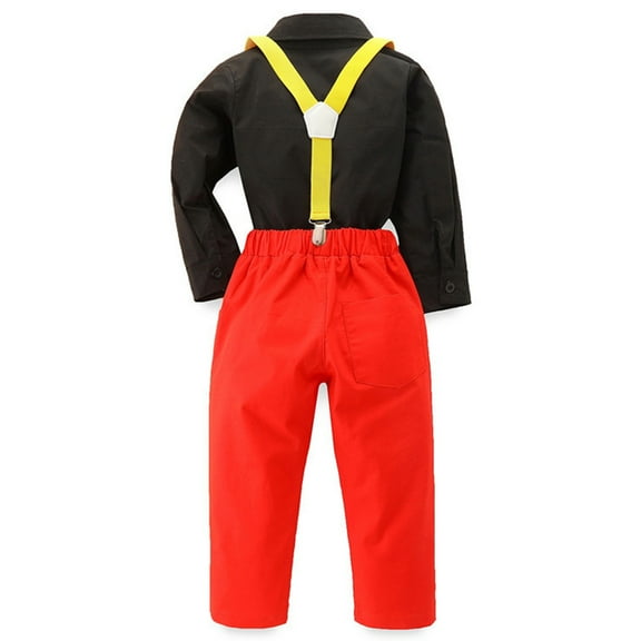 Odeerbi Toddler Boys Cotton Clothes Gentleman Formal Dress Suit Fall Winter Outfits Set Children's Fashion Color Block Shirt Tie Strap Pants 3-Piece Set Long Sleeve Top Overalls Set Red