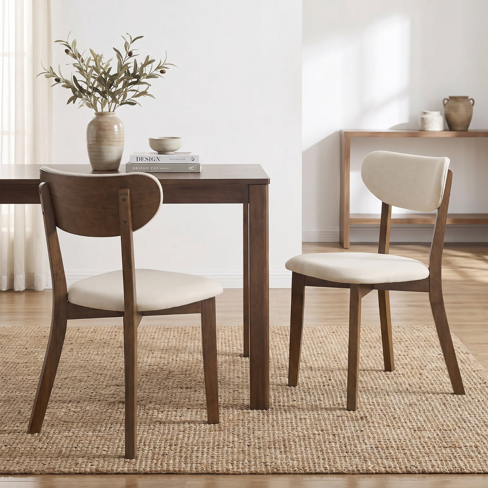 Furnibear Dining Chairs Set of 2 Upholstered Mid-Back Chairs with Solid Rubber Wood Frame for Kitchen Dining Room Living Room Home, White