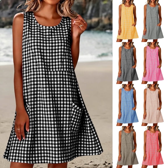 Ashyfjp Summer Sleeveless Dresses for Women Crew Neck Gingham Pattern Loose Mini Dress with Pockets, Breathable Everyday Outfit, Size (S-3XL)