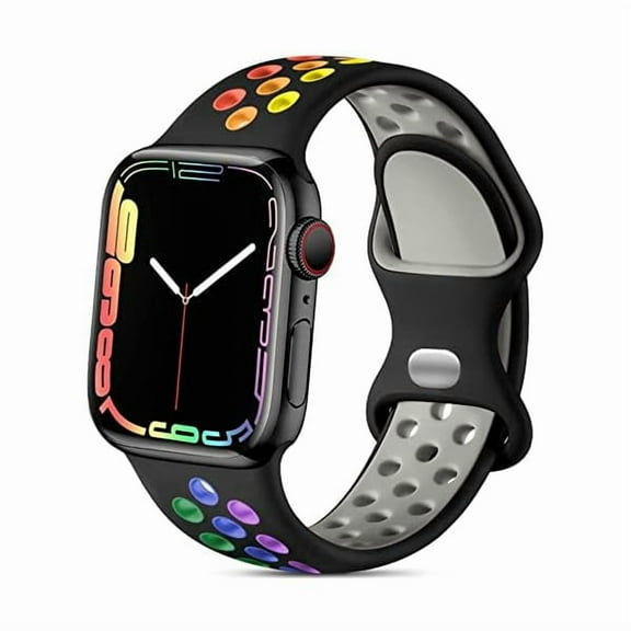 wonima88 Compatible with Apple Watch Band 45mm 44mm 46mm 42mm 49mm Ultra 2,Soft Silicone Sport Bands Wristband Replacement Strap for iWatch SE Series 10 9 8 7 6 5 4 3 2 1 Women Men,Black/Rainbow,M/L