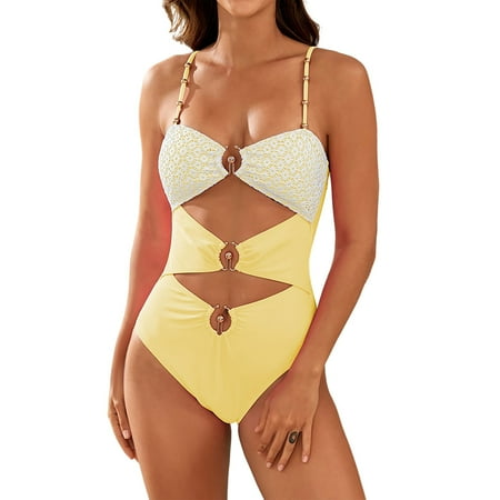 MGCWSH One Piece Swimsuit for Women Ring Linked Monokini Sexy Bathing Suit Cutout Swim Suit Yellow S