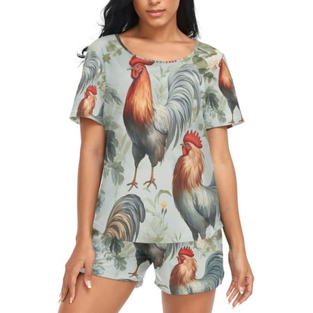 joogoo Women s Pajama Set Roosters and Flowers Short Sleepwear Loungewear with Pockets XXL