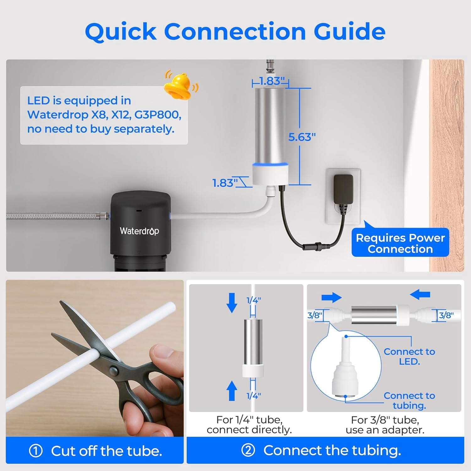 Waterdrop LED UV͎ Ultrąviolët Water Filter for Under Sink Water Filter and Reverse Osmosis System, Reduce up to 99.9% of Harmful Substances, Mercury-Free, FCC Certified, Stainless Steel, 50 Year Life