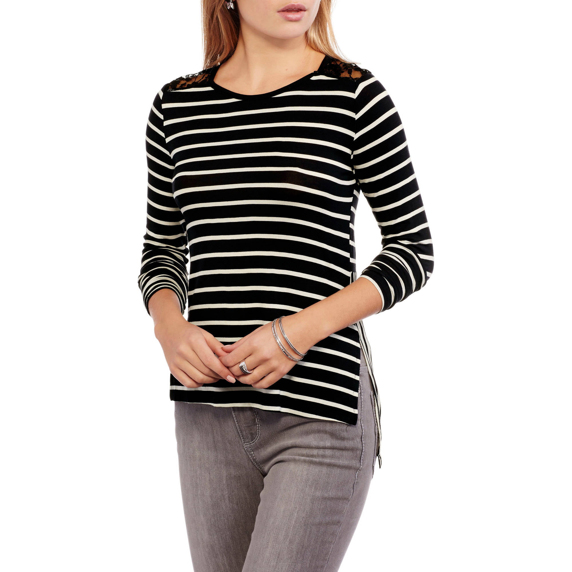 Juniors' Long Sleeve Top with Lace Insert and Mixed Stripes - Walmart.com
