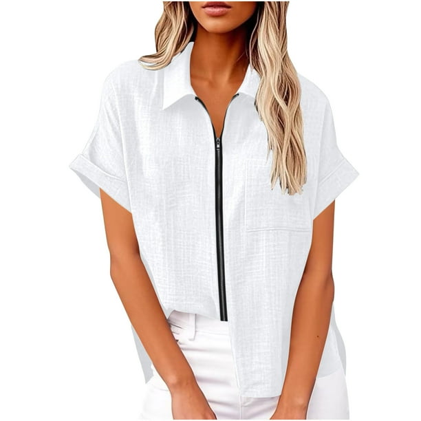 Vestidos Casuales Para Mujer, Blusas De Mujer De Moda Blusa tipo túnica de lino con solapa y manga corta para mujer, holgada, con cremallera, para verano, para el trabajo