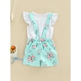 thumbnail image 5 of Toddler Baby Girl Summer Overall Outfit Ruffle Sleeve Tops T-Shirt + Floral Suspender Shorts Pockets Clothes Set, 5 of 10