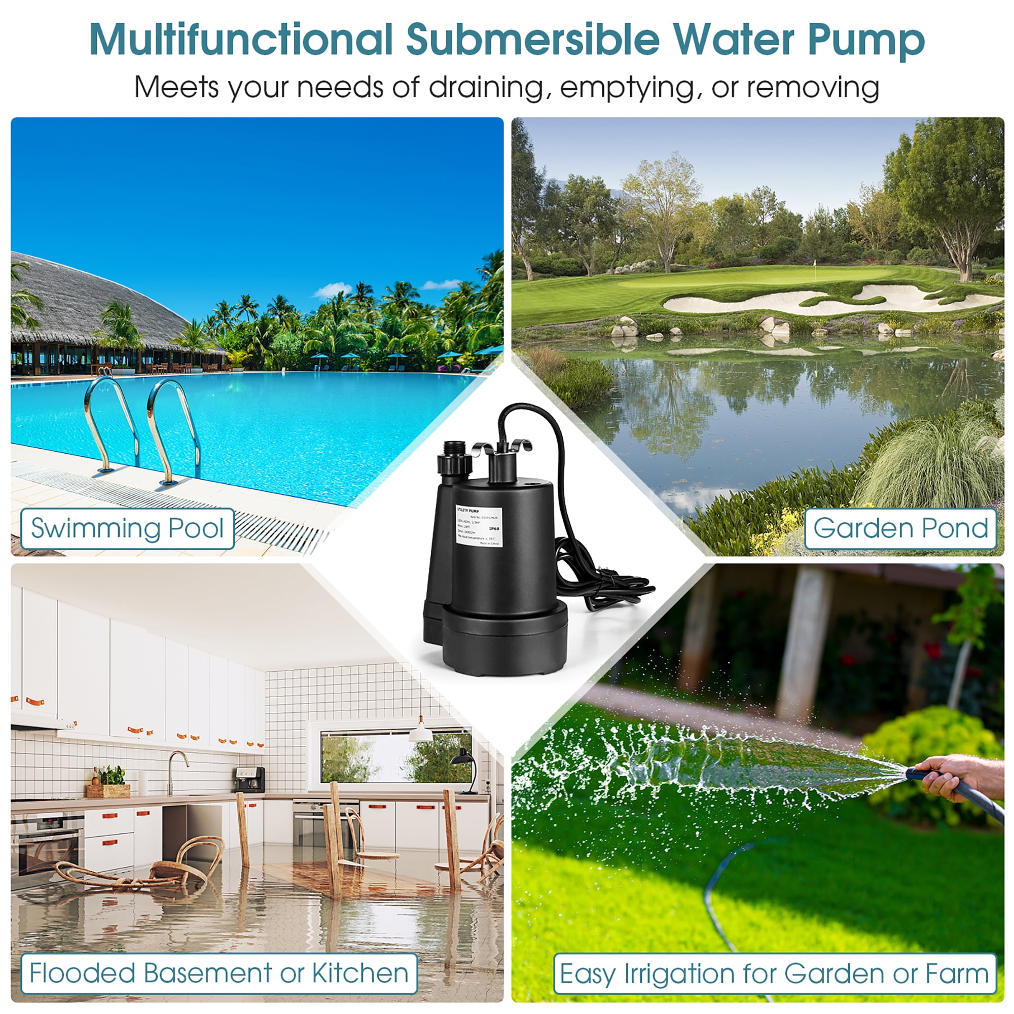 Costway Submersible Utility Pump 1/3HP 2400GPH Portable Electric Water Pump 10 FT Cord