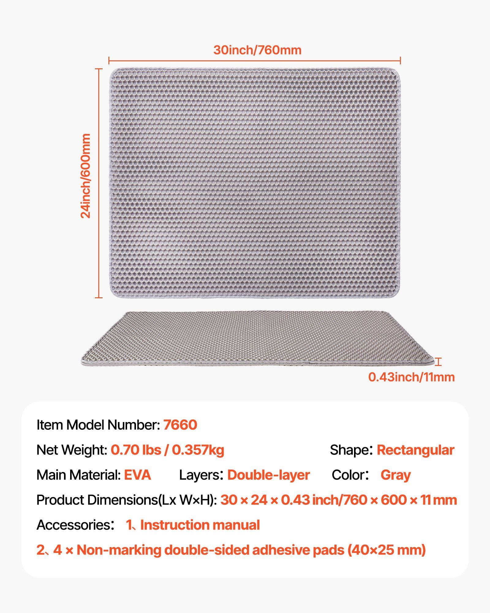 Honeycomb Litter Trapper Mat, 30" x 24", Double Layer Design for Trapping Cat Litter, Waterproof and Non-Slip Base