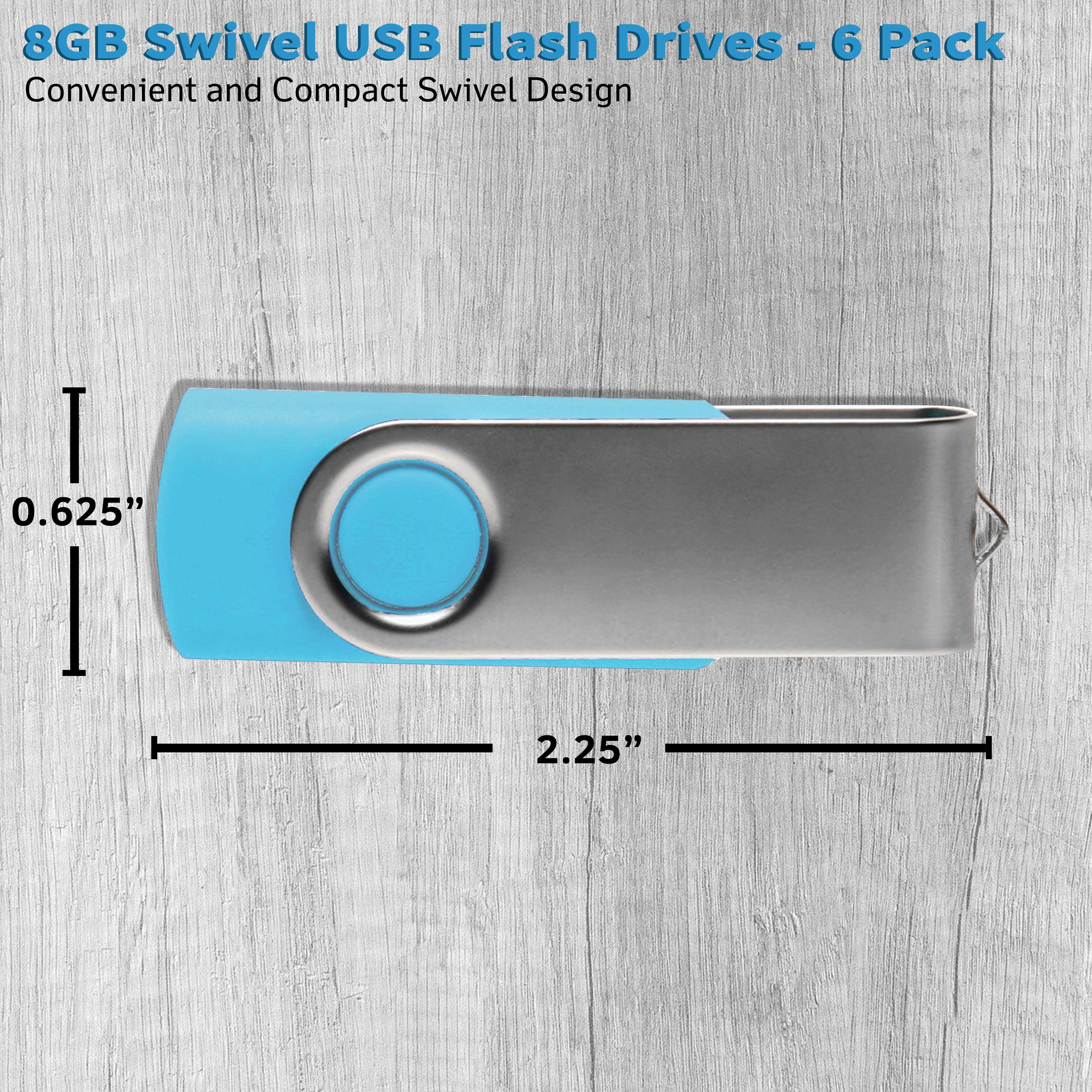 6 Swivel USB Flash Drives Pack, 8GB - Pocket size, Long Data Retention - Aqua