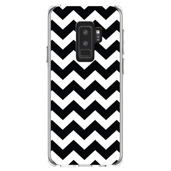 DistinctInk Clear Shockproof Hybrid Case for Samsung Galaxy S9  PLUS (6.2" Screen) - TPU Bumper, Acrylic Back, Tempered Glass Screen Protector - Black & White Stripes - Stripes Pattern