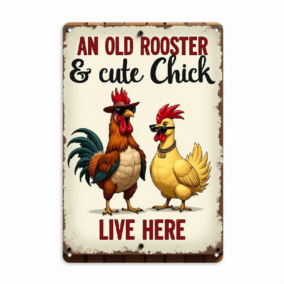 1pc Funny Rooster Chick iron Sign - _An Old Rooster A Cute Chick Live Here_ Rural Wall Decor, 8*12 Inch, Farmhouse Style with Humorous Chicken Illustration, Perfect for Home or Garden Lovers