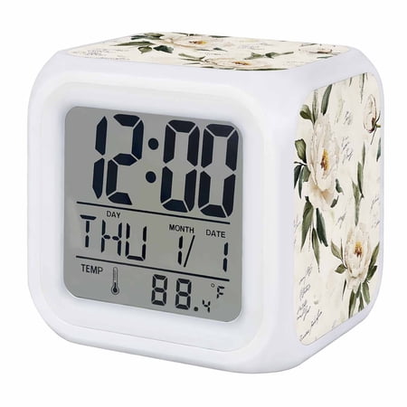 Vintage Floral Spring Digital Alarm Clock for Bedrooms,Smart LED Alarm Clock with 7 Color Night Light,Farmhouse Botanical White Flowers Silent Wake Up Clocks for Sleep Study Cooking 3.2x3.2