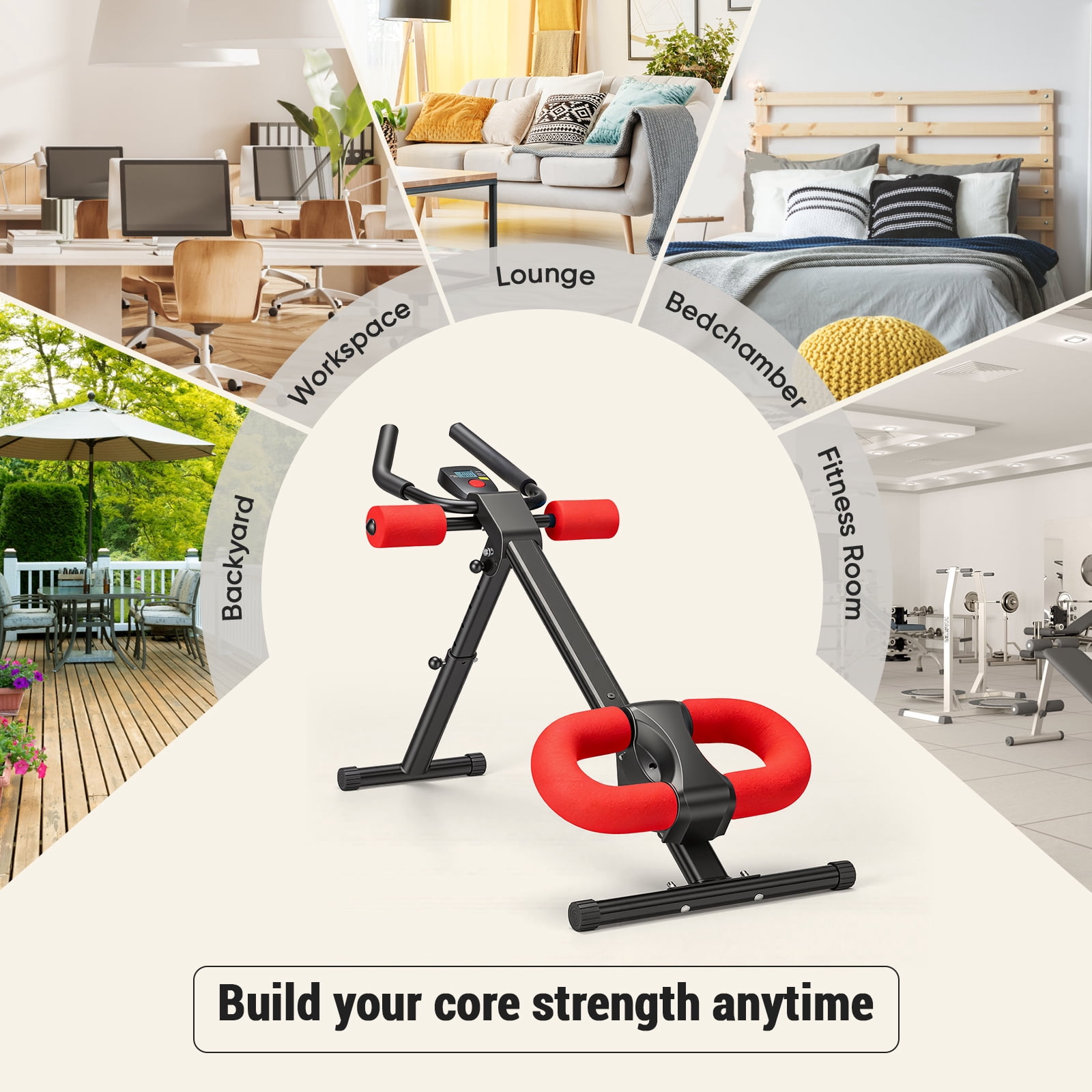SHOUFTW Adjustable Ab Machine for Home Gym, Foldable Ab Workout Equipment with Knee Protection & LCD Monitor, Core & Stomach Trainer, Black Red