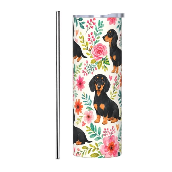 20oz Floral Dachshund Dog Tumbler Insulated Car Cup Cute Puppy Travel Coffee Cup Gift for Women with Stainless Steel Straw