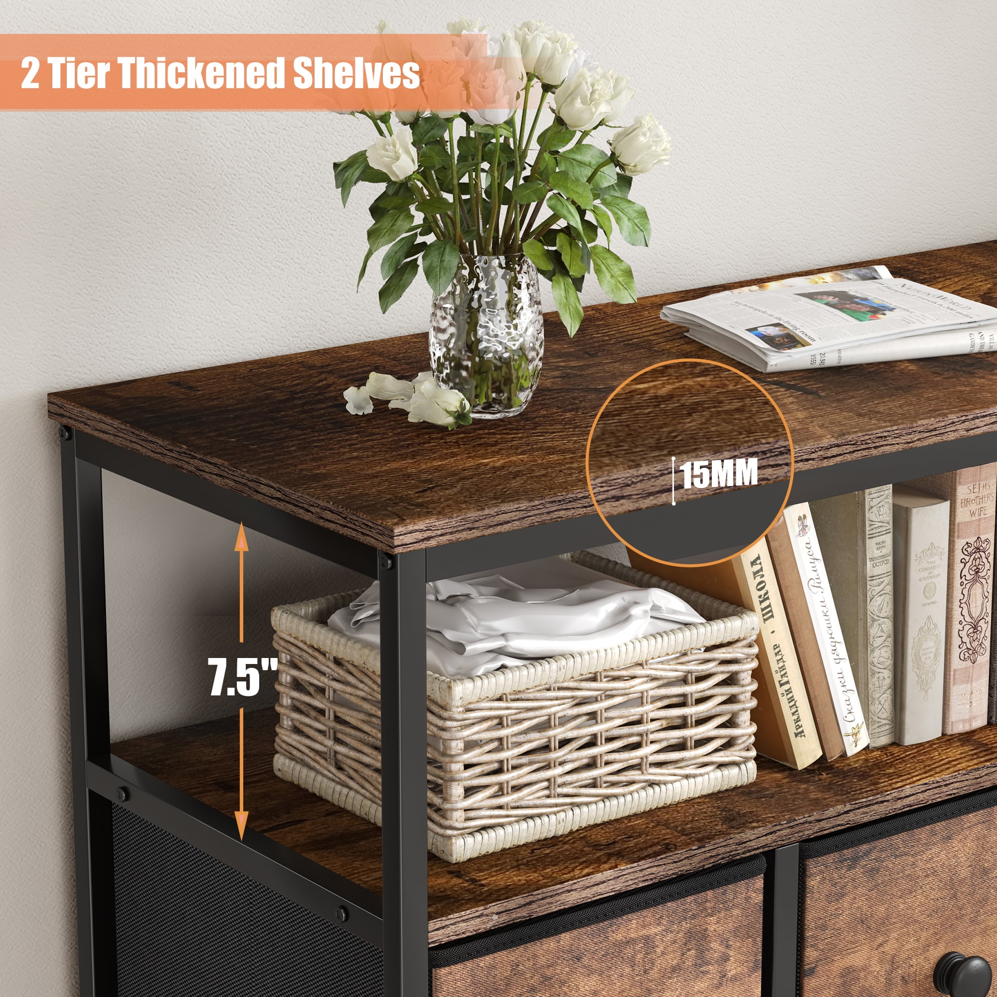 EnHomee 7 Drawer Fabric Dresser for Bedroom Chest of Drawers Storage Tower,Rustic Brown
