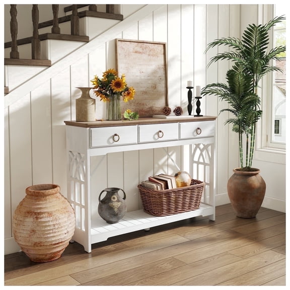 JOINICE Farmhouse Entryway Table with Drawers and Shelf,Long Console Table with Wood Leg,Sofa Table for Living Room,Hallway,White