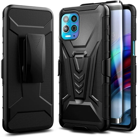 Nagebee Case for Motorola Moto G100, Moto Edge S with Tempered Glass Screen Protector (Full Coverage), Belt Clip Holster with Built-in Kickstand, Heavy Duty Shockproof Armor Rugged Case (Black)