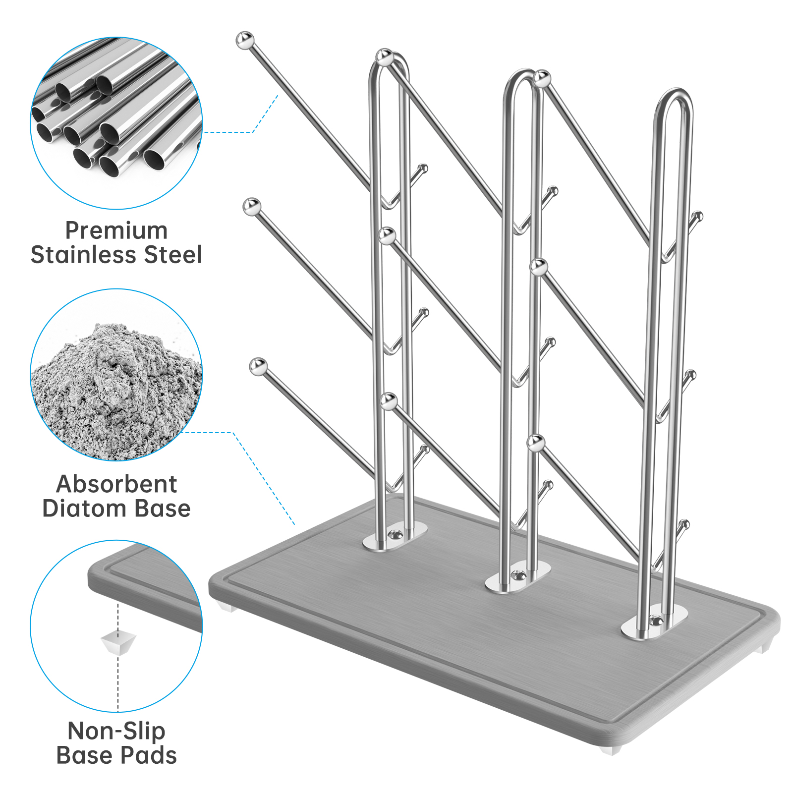 NiHome Baby Bottle Drying Rack with Diatomite Base & Stainless Steel Frame, Foldable Countertop Organizer Holds 9 Bottles, Space-Saving Stand for Water Bottles, Lids, Reusable Bags & More