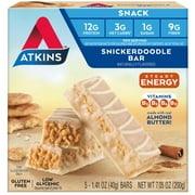 Atkins Snickerdoodle Snack Bar, Made with B Vitamins, Steady Energy, Gluten Free, 12g Protein, 5 Count