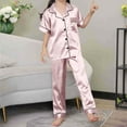 thumbnail image 2 of Amvlyk Pajamas Set for Women 2 Piece PJ Sets Lapel Neck Silk Stain Button Down Short Sleeve Top with Wide Legs Long Pants Solid Color Loungewear for Summer Sleepwear Causal Home Clothes Nightwear, 2 of 6