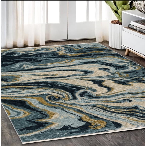 5' X 8' Navy Blue And Teal Abstract Area Rug With Fringe