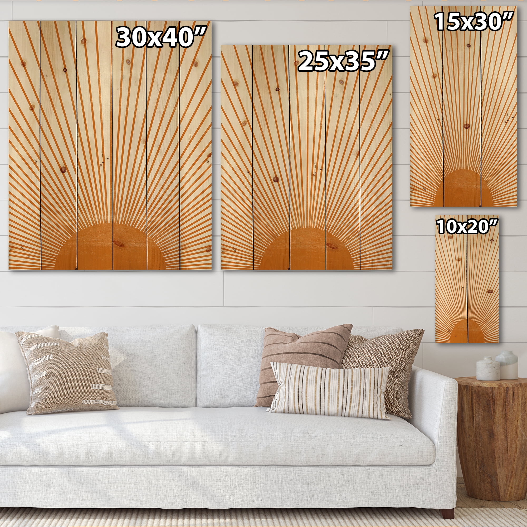 Designart 'Orange Sun Print On Beige III' Modern Print on Natural Pine Wood
