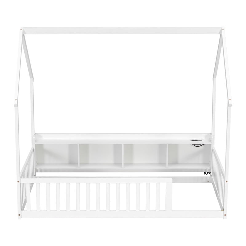 Twin Size House-Shaped Canopy Bed with Roof, Wood Kid's Floor Bed Frame with Storage Shelves, LED Lights & Charging Station