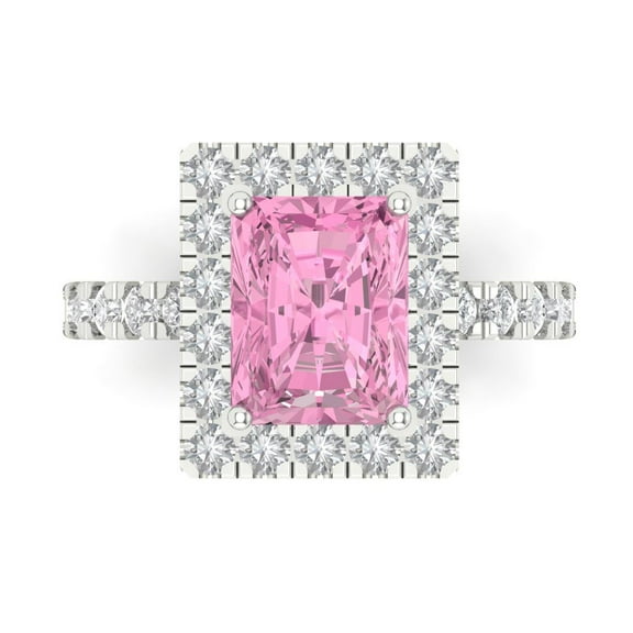 3.84ct emerald cut pink Crystal 14k white gold engraving statement bridal wedding halo Designer Ring size 7.5