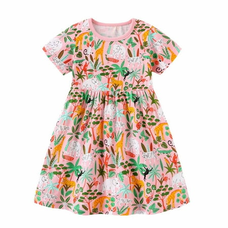 

ZCFZJW Summer Short Sleeve Dresses for Toddler Baby Girl Cute Cartoon Printed Round Neck Sundress Kids Lovely Cotton Beach Party Princess Dress Pink#01 2-3 Years