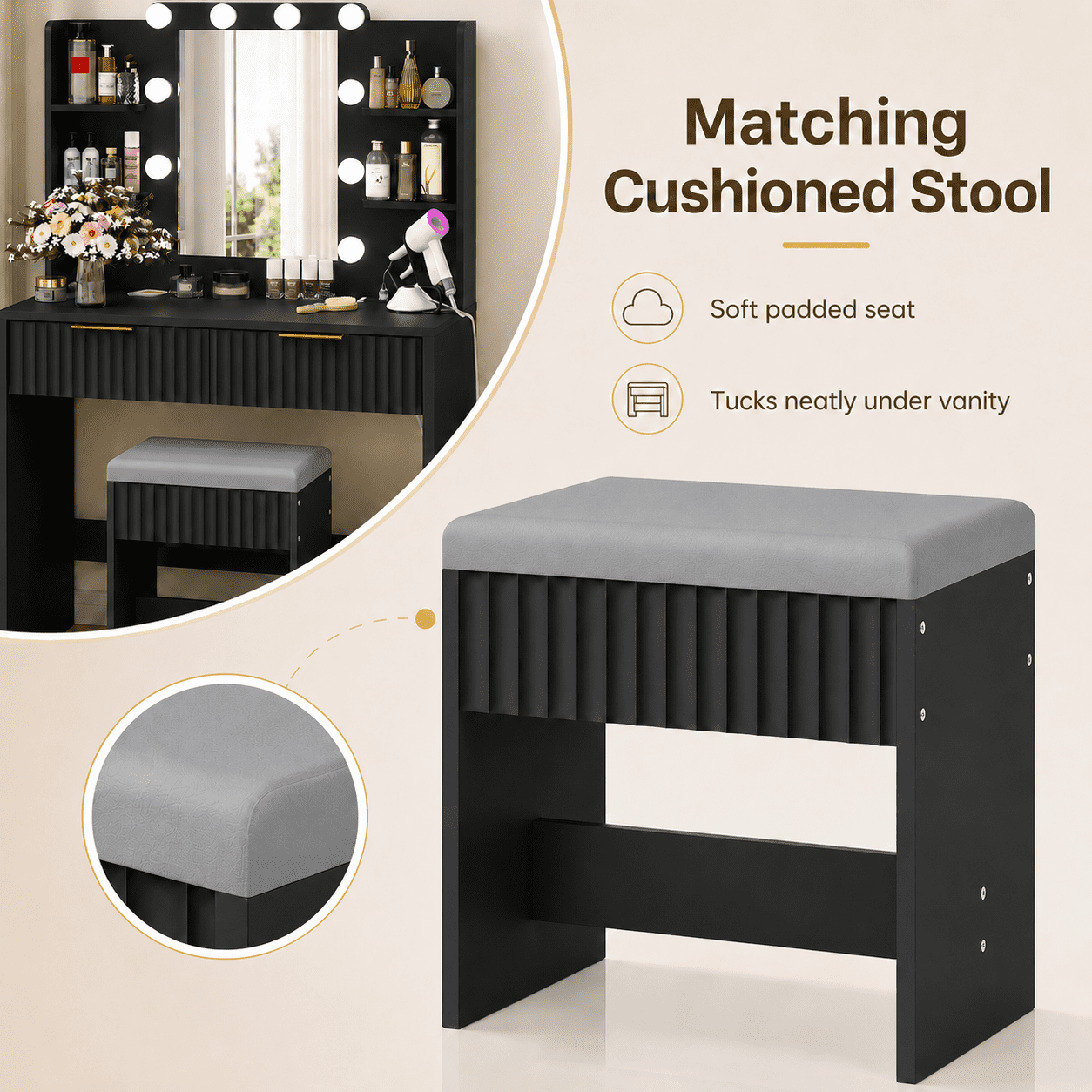 Ktaxon Lighted Makeup Vanity and Stool, Black Vanity Table Set with 2 Drawer and Charging Station, Femal Gift
