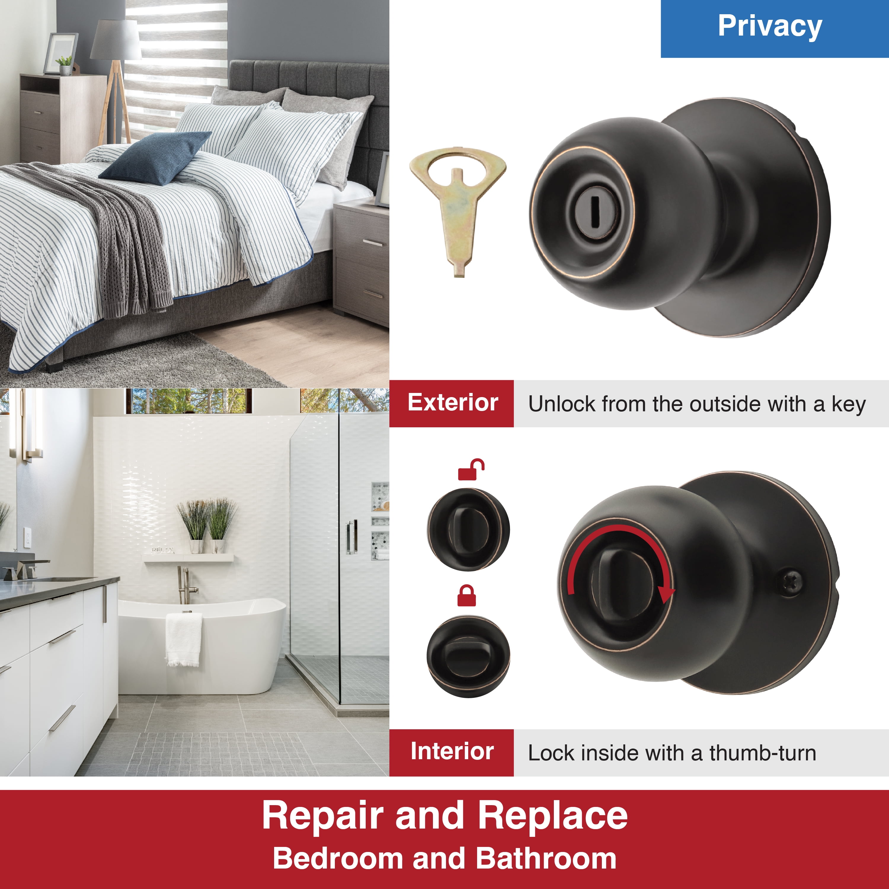 Hyper Tough Interior Locking Bed and Bath Doorknob Antique