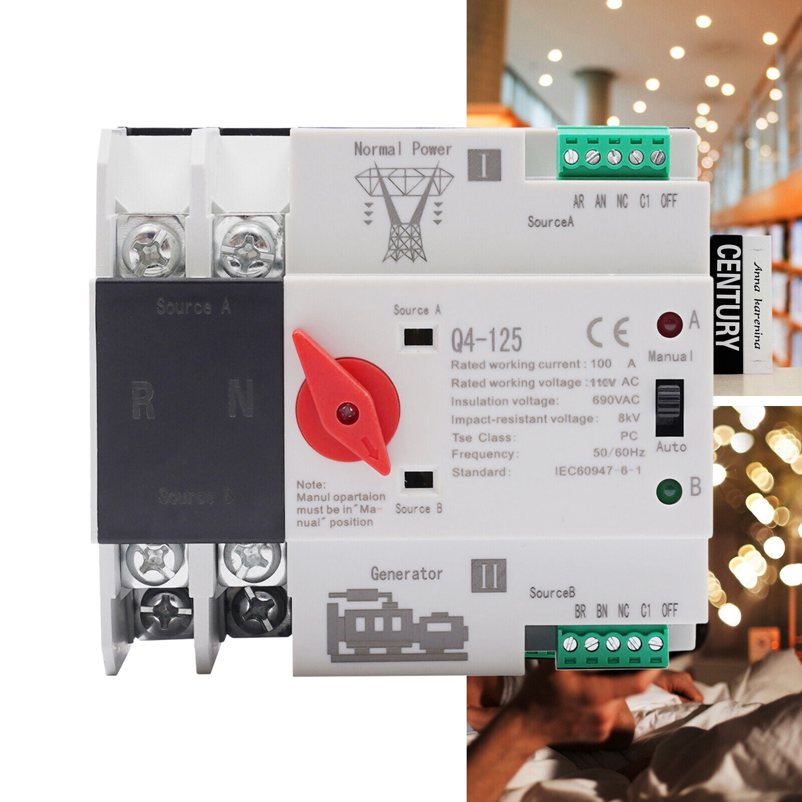 Miumaeov 110V Mini Dual Power Automatic Transfer Switch Generator Changeover Switch Tool 2P 100A