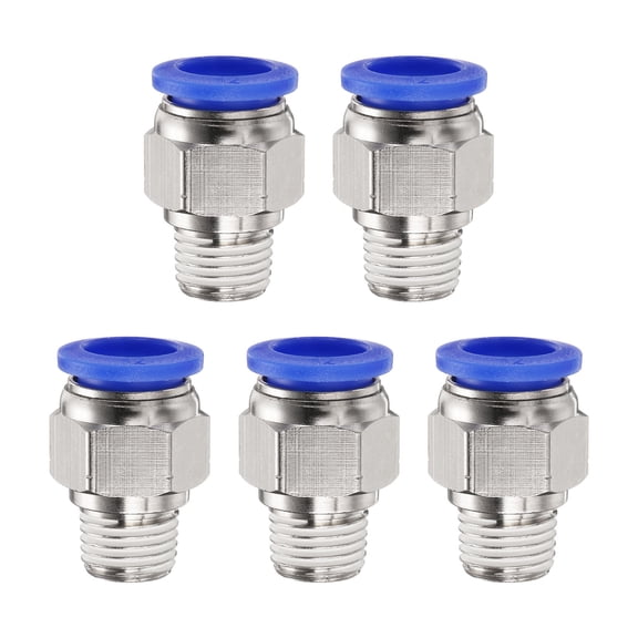 Uxcell 5pcs Push to Connect Fitting 12mm Tube OD x 1/4" NPT Thread Male Straight Quick Connector Copper Air Line Hose Fittings for Industry Air System PC12-N02, Blue