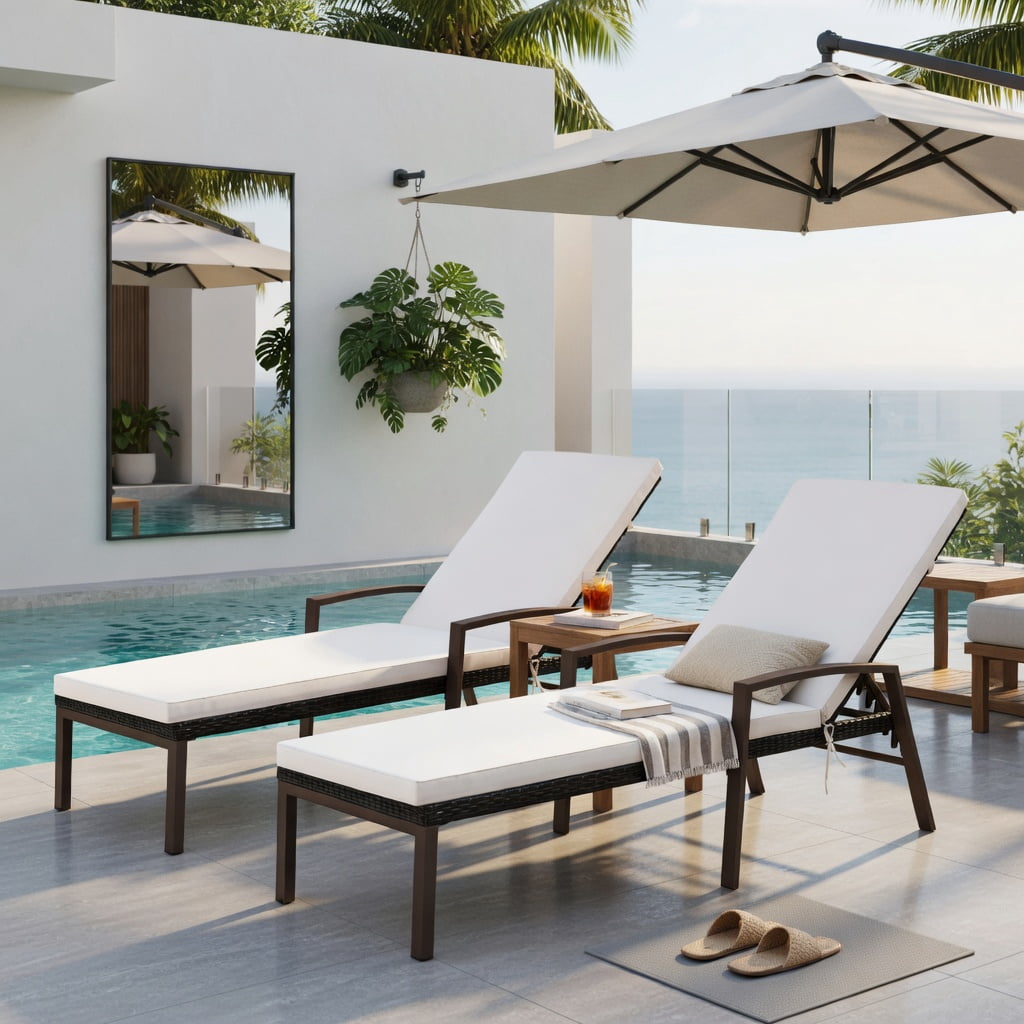 Hommoo 2-Pack Outdoor Rattan Reclining Chaise Lounge Chairs with Removable Cushions, 5-Position Adjustable Backrest for Patio, Deck or Poolside, Red